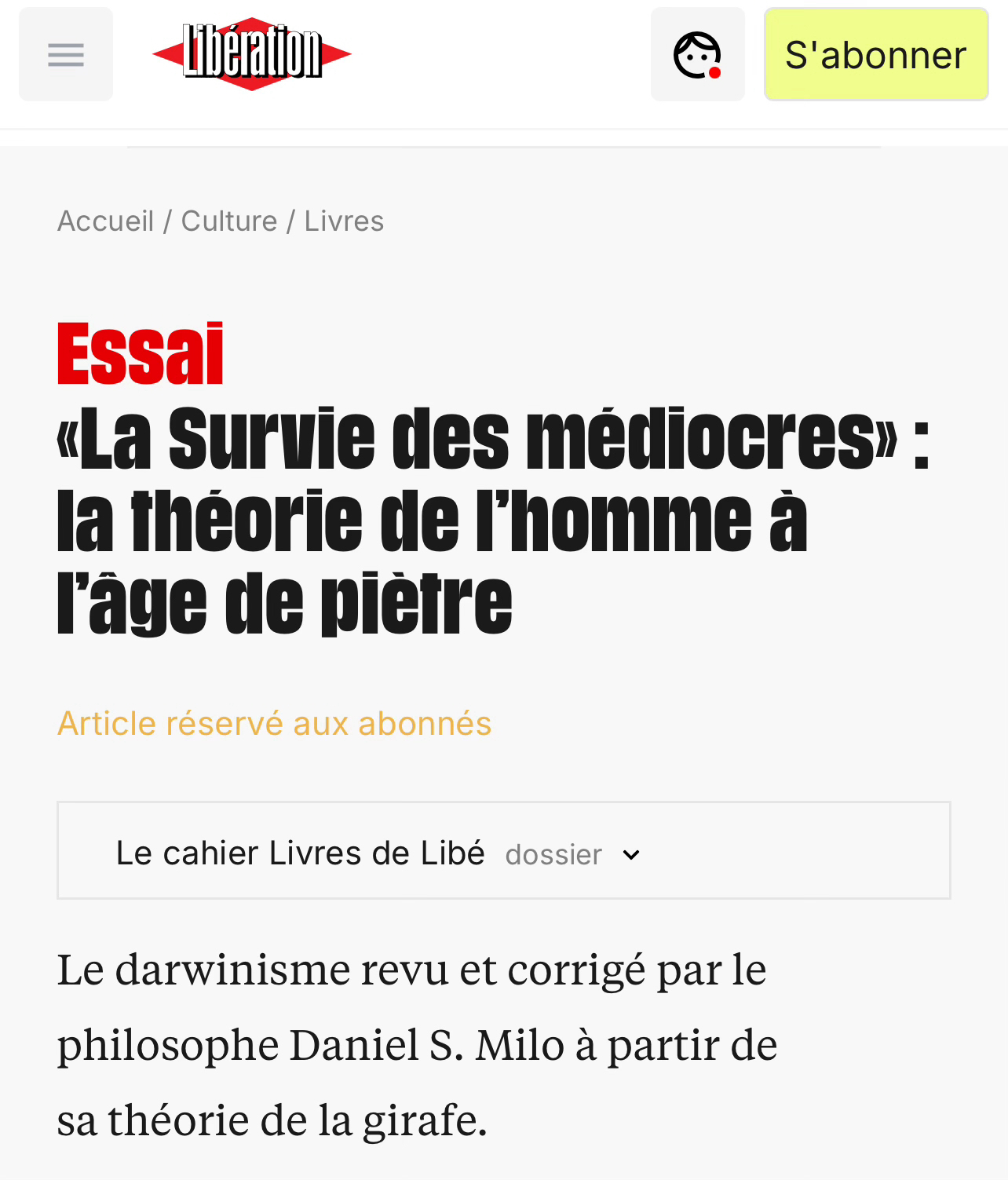 Libération vantant le livre de Milo