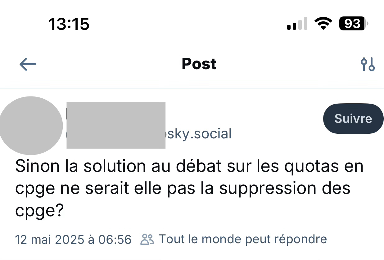Post sur Bluesky affirmant sous une figure de style interrogative qu’il faudrait supprimer les CPGE.