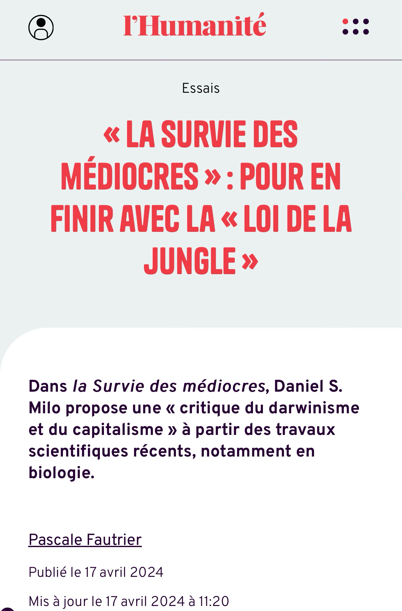 L’Humanité vantant le livre de Milo