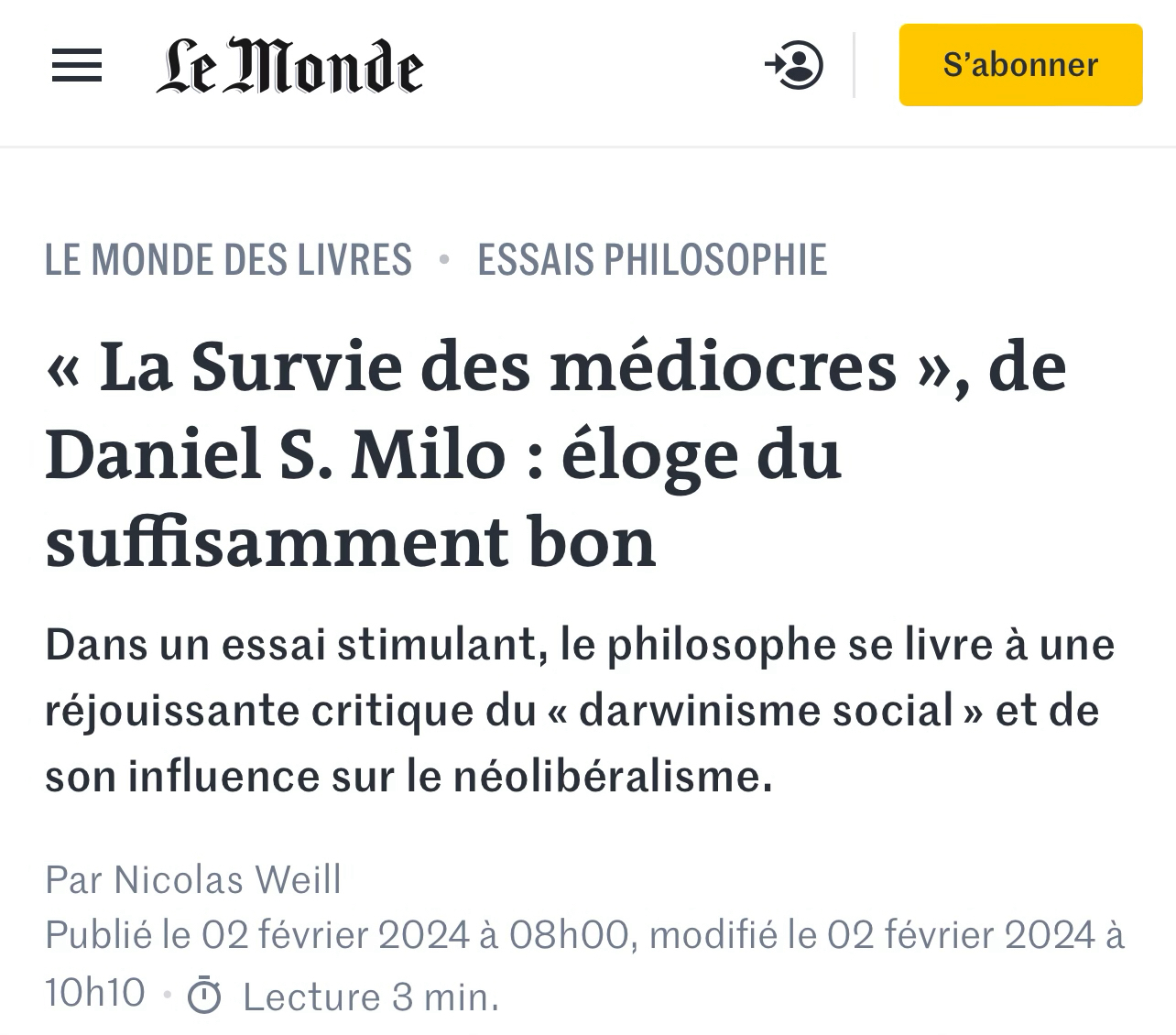 Le Monde vantant le livre de Milo